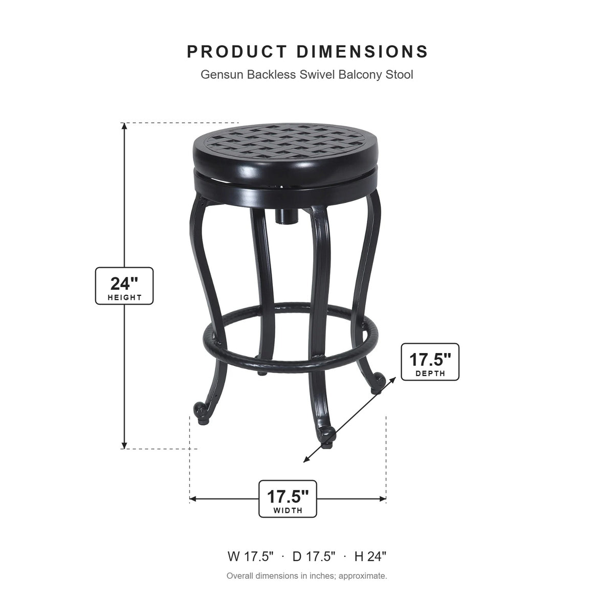Gensun Backless Swivel Balcony Stool dimensions: 17.5 in W x 17.5 in D x 24 in H