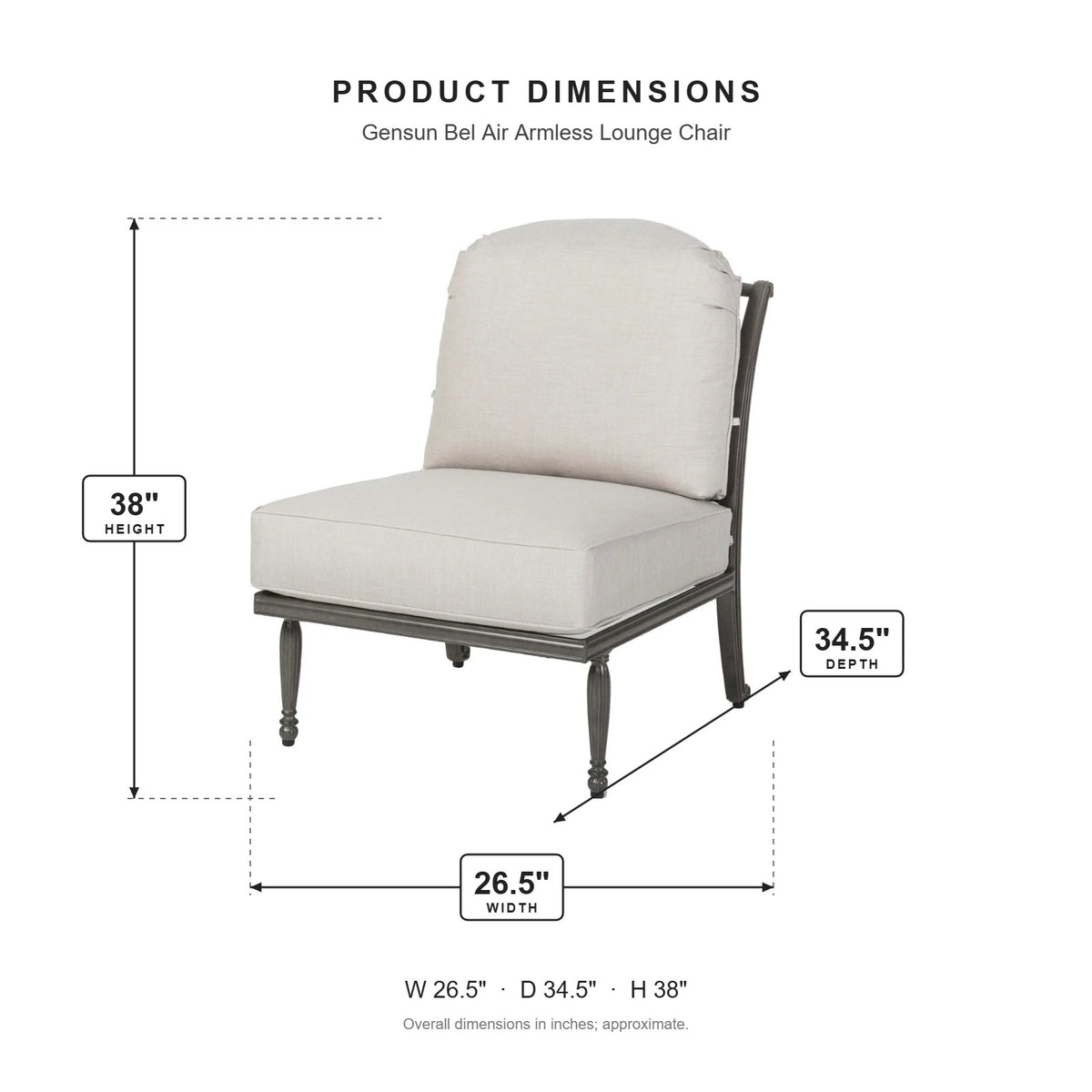 Gensun Bel Air Armless Lounge Chair dimensions: 26.5 in W x 34.5 in D x 38 in H