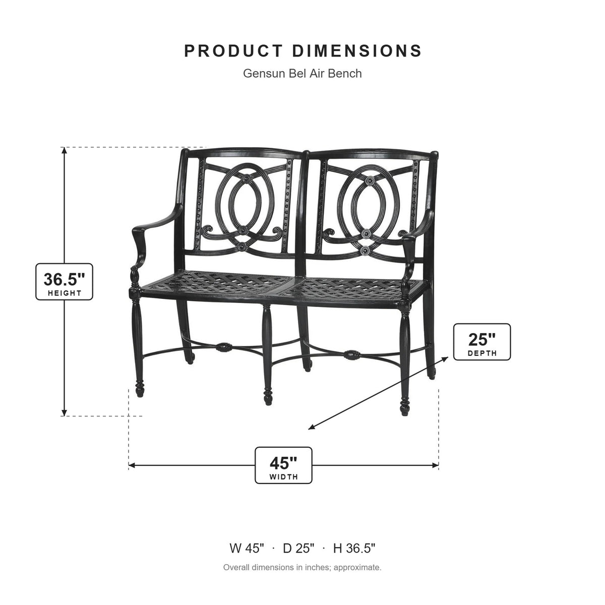Gensun Bel Air Bench dimensions: 45 in W x 25 in D x 36.5 in H
