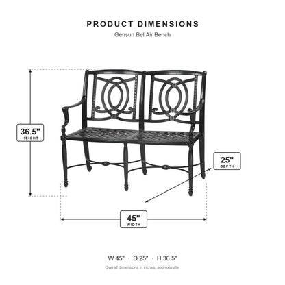 Gensun Bel Air Bench dimensions: 45 in W x 25 in D x 36.5 in H