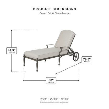Gensun Bel Air Chaise Lounge dimensions: 30 in W x 79.5 in D x 44.5 in H