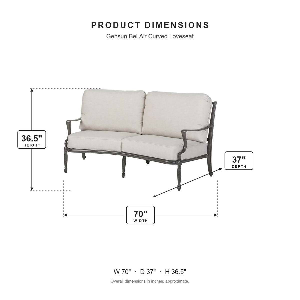 Gensun Bel Air Curved Loveseat dimensions: 70 in W x 37 in D x 36.5 in H