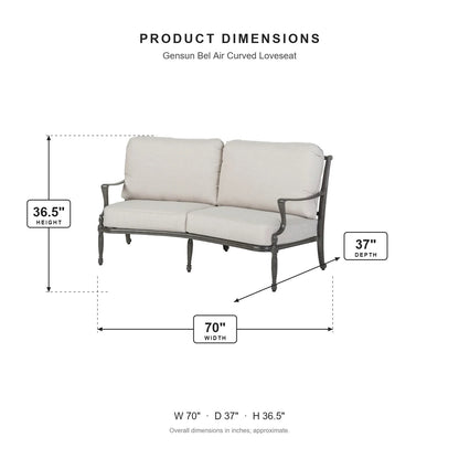 Gensun Bel Air Curved Loveseat dimensions: 70 in W x 37 in D x 36.5 in H