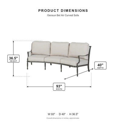 Gensun Bel Air Curved Sofa dimensions: 93 in W x 40 in D x 36.5 in H
