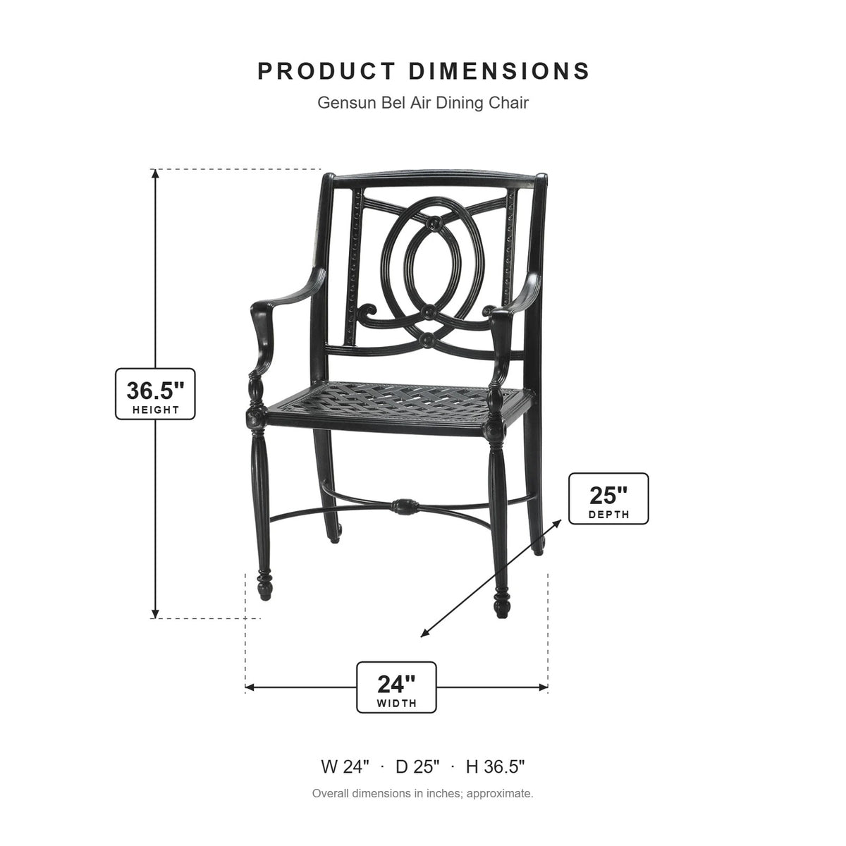 Gensun Bel Air Dining Chair dimensions: 24 in W x 25 in D x 36.5 in H