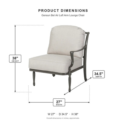Gensun Bel Air Left Arm Lounge Chair dimensions: 27 in W x 34.5 in D x 38 in H