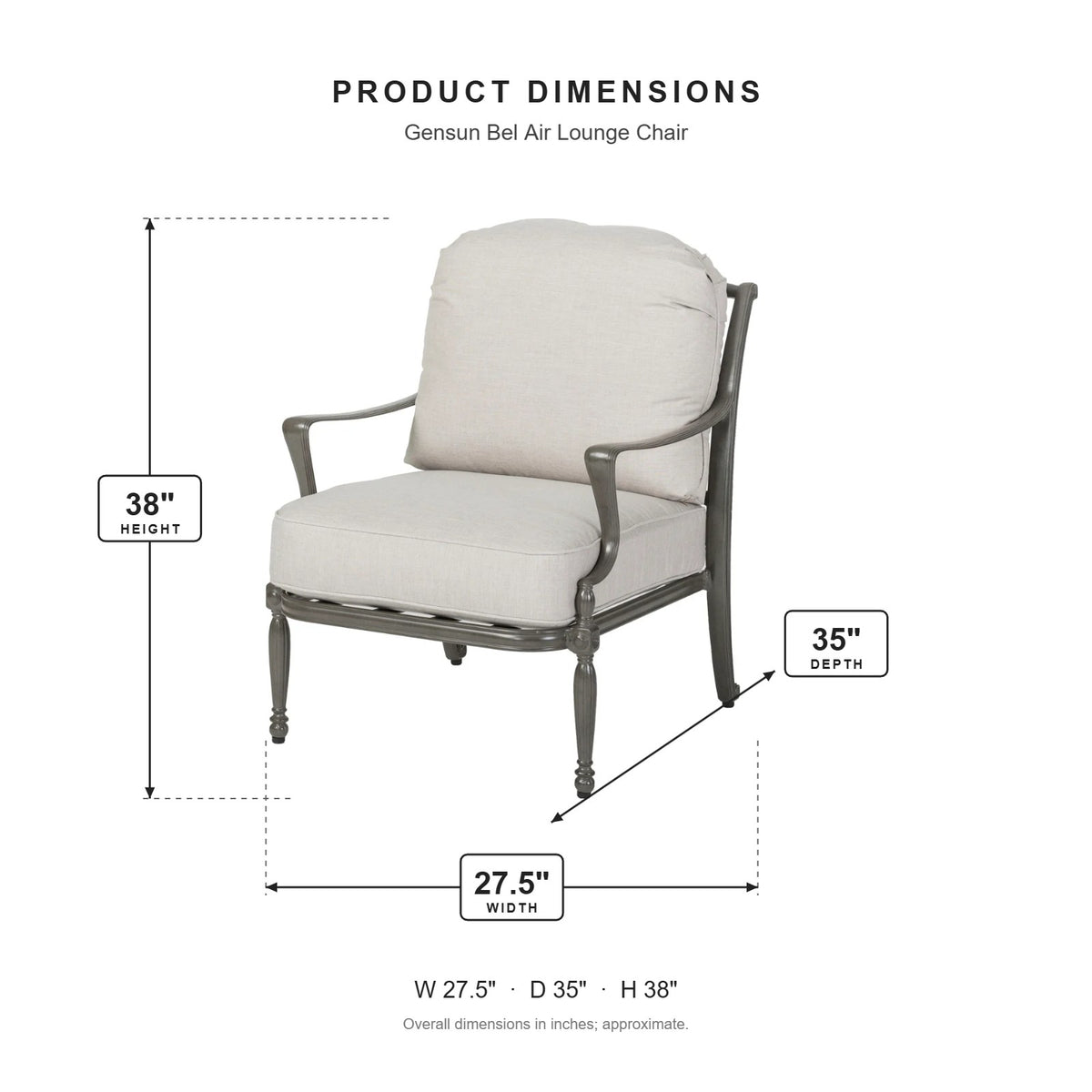 Gensun Bel Air Lounge Chair dimensions: 27.5 in W x 35 in D x 38 in H