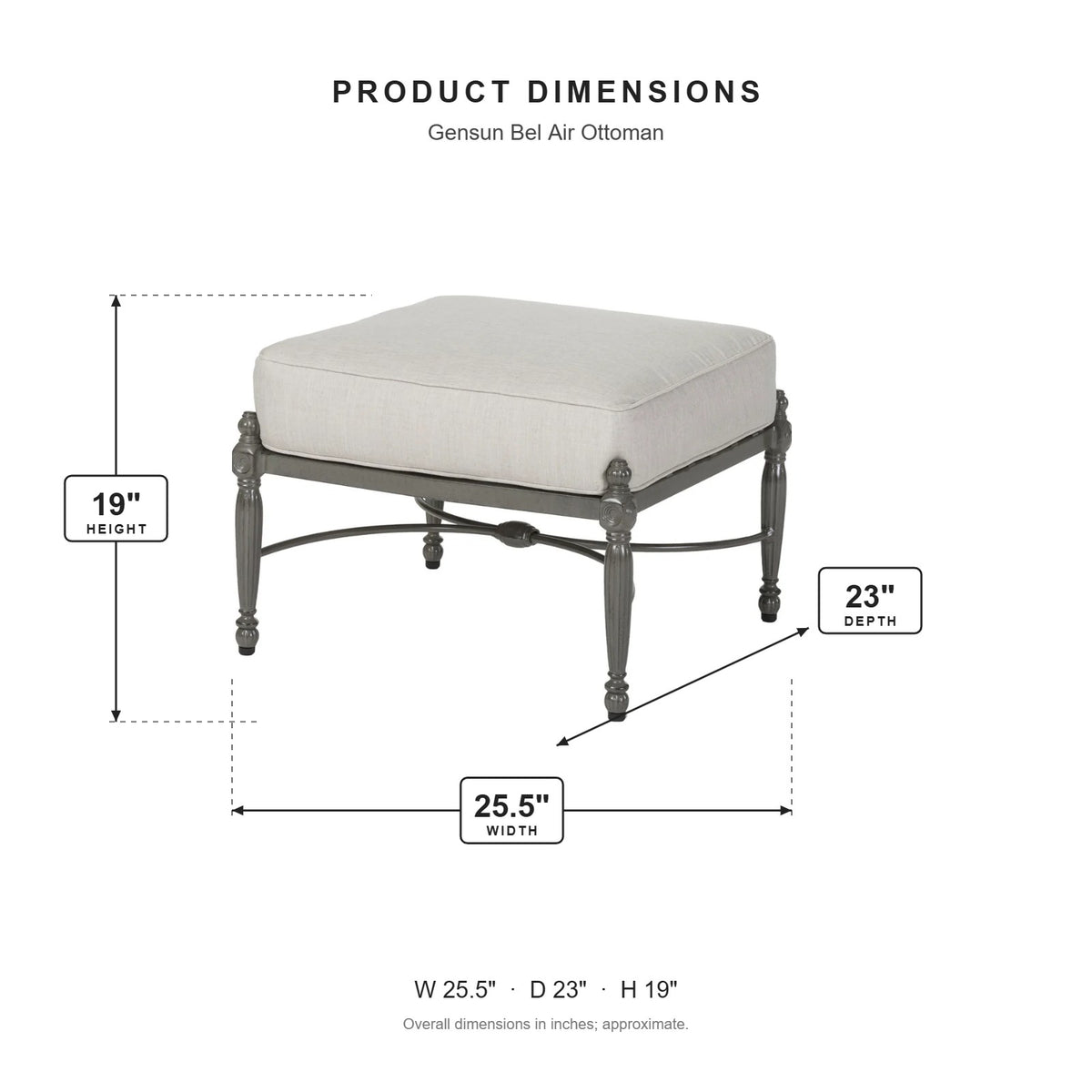 Gensun Bel Air Ottoman dimensions: 25.5 in W x 23 in D x 19 in H