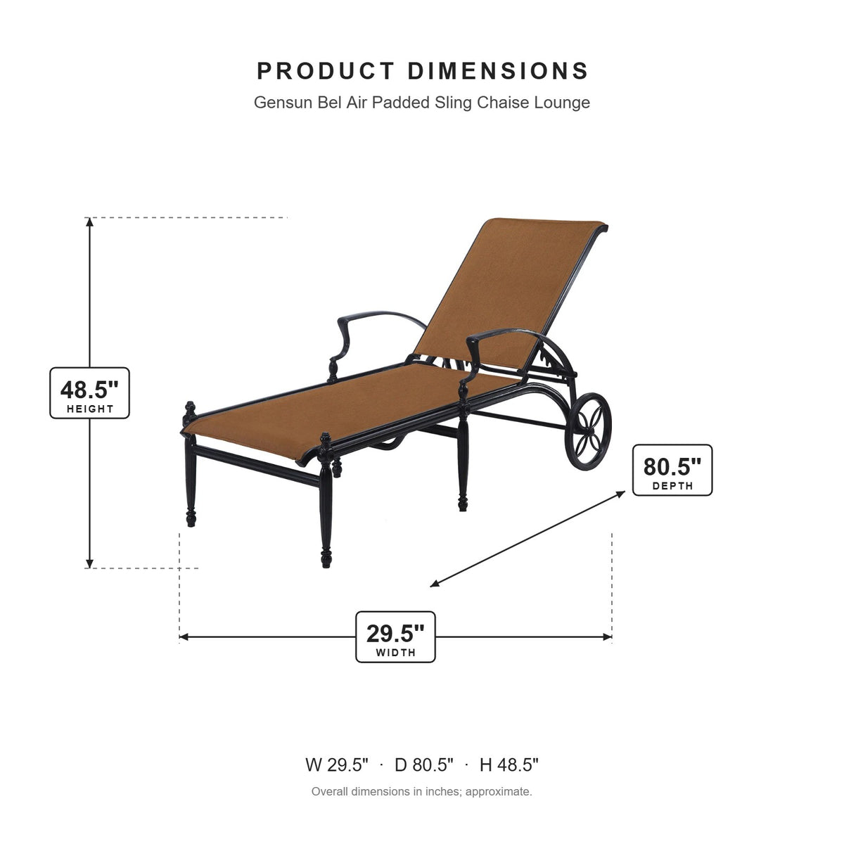 Gensun Bel Air Padded Sling Chaise Lounge dimensions: 29.5 in W x 80.5 in D x 48.5 in H