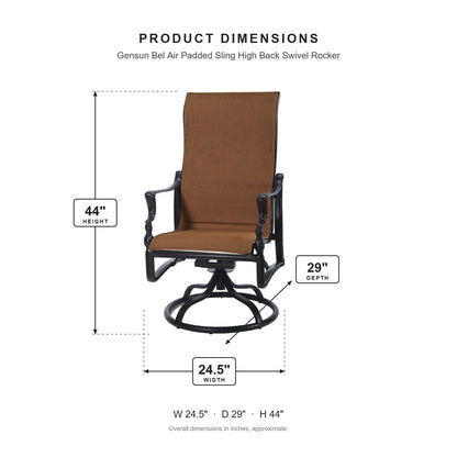 Gensun Bel Air Padded Sling High Back Swivel Rocker dimensions: 24.5 in W x 29 in D x 44 in H