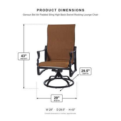 Gensun Bel Air Padded Sling High Back Swivel Rocking Lounge Chair dimensions: 29 in W x 29.5 in D x 43 in H
