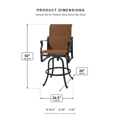 Gensun Bel Air Padded Sling Swivel Bar Stool dimensions: 24.5 in W x 28 in D x 50 in H