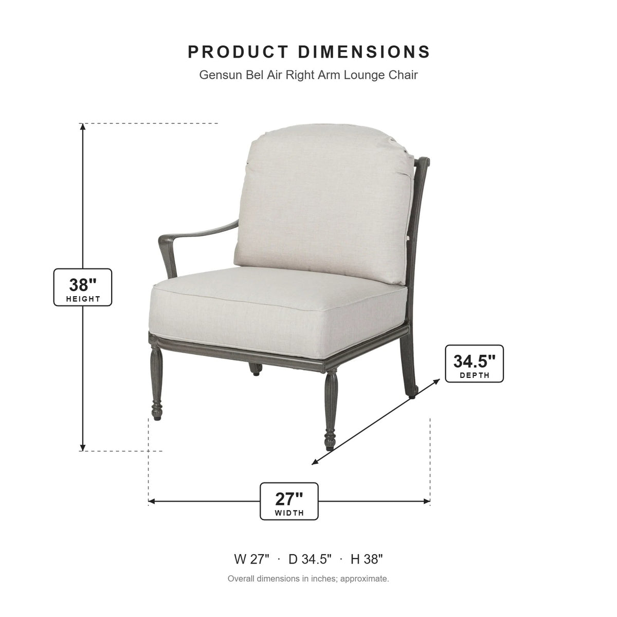 Gensun Bel Air Right Arm Lounge Chair dimensions: 27 in W x 34.5 in D x 38 in H