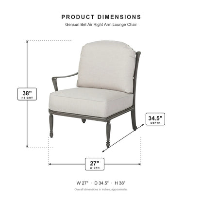 Gensun Bel Air Right Arm Lounge Chair dimensions: 27 in W x 34.5 in D x 38 in H