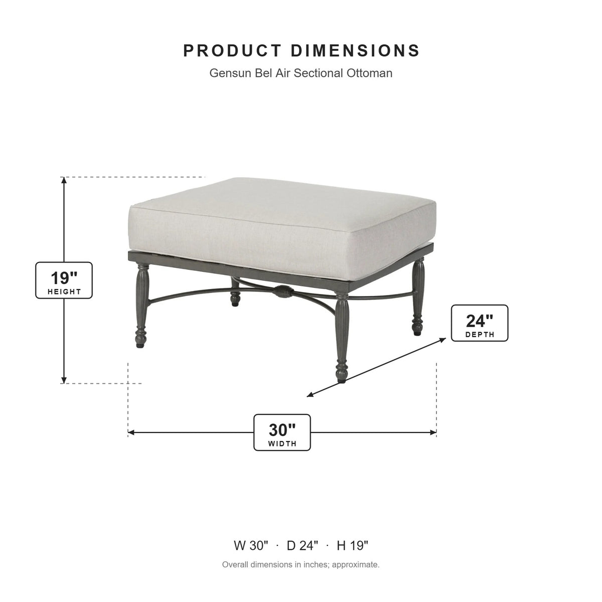 Gensun Bel Air Sectional Ottoman dimensions: 30 in W x 24 in D x 19 in H