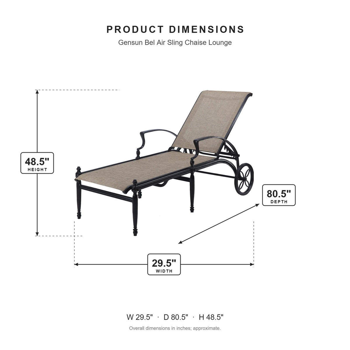 Gensun Bel Air Sling Chaise Lounge dimensions: 29.5 in W x 80.5 in D x 48.5 in H