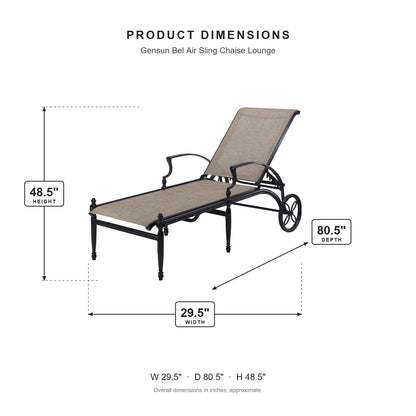 Gensun Bel Air Sling Chaise Lounge dimensions: 29.5 in W x 80.5 in D x 48.5 in H