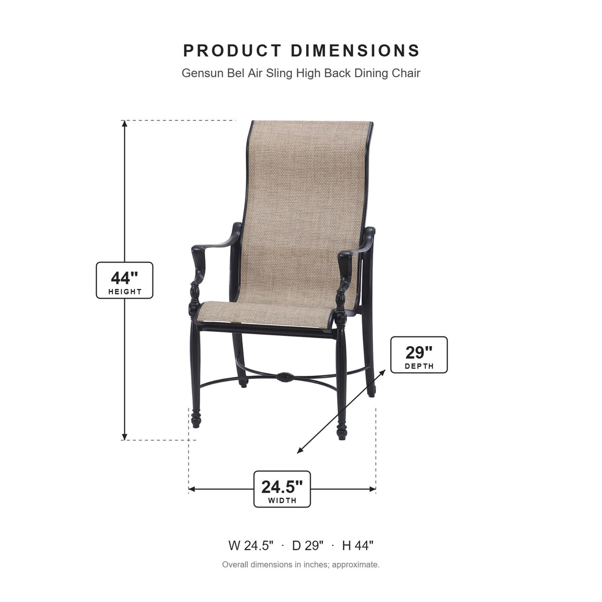 Gensun Bel Air Sling High Back Dining Chair dimensions: 24.5 in W x 29 in D x 44 in H