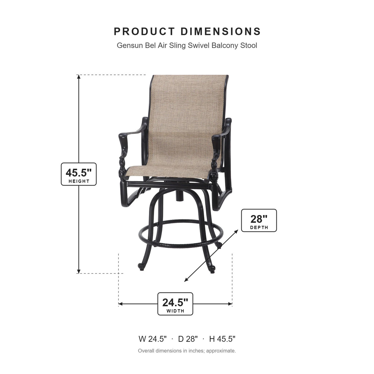 Gensun Bel Air Sling Swivel Balcony Stool dimensions: 24.5 in W x 28 in D x 45.5 in H