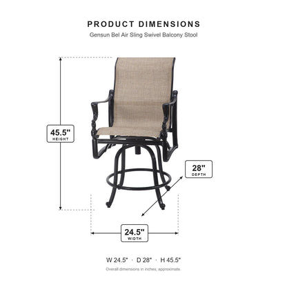 Gensun Bel Air Sling Swivel Balcony Stool dimensions: 24.5 in W x 28 in D x 45.5 in H