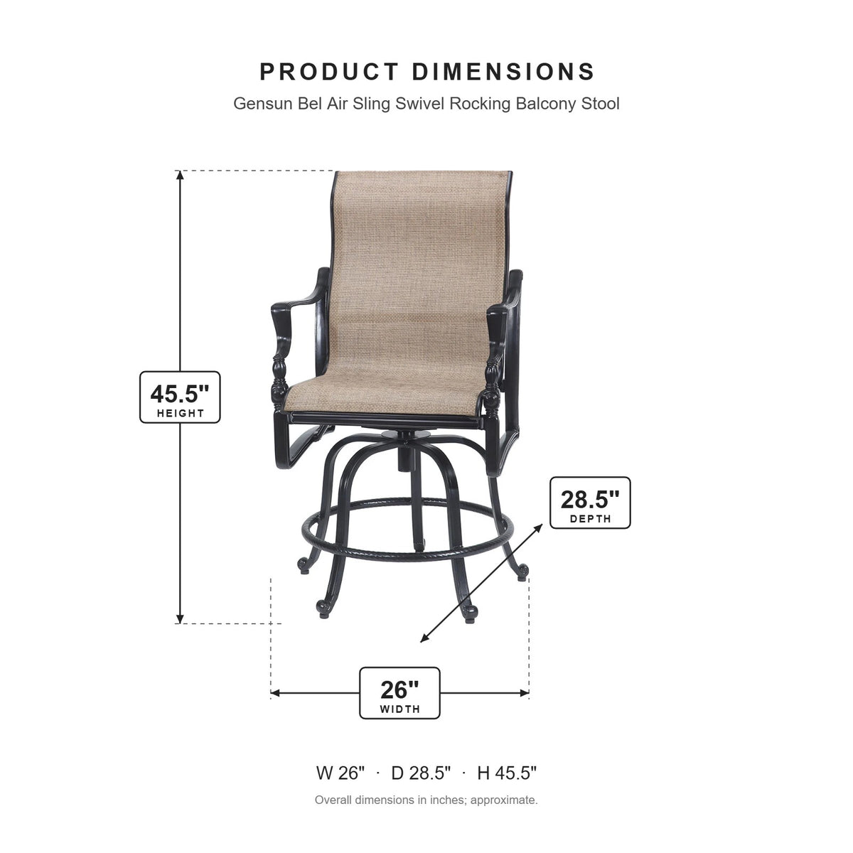 Gensun Bel Air Sling Swivel Rocking Balcony Stool dimensions: 26 in W x 28.5 in D x 45.5 in H