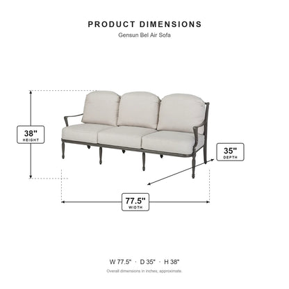 Gensun Bel Air Sofa dimensions: 77.5 in W x 35 in D x 38 in H