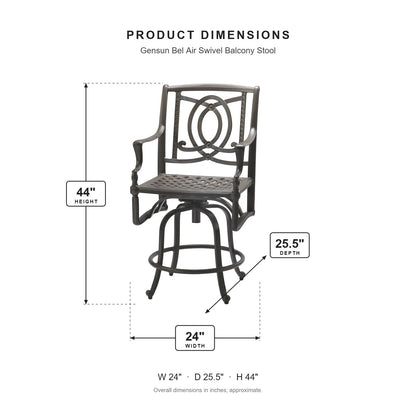 Gensun Bel Air Swivel Balcony Stool dimensions: 24 in W x 25.5 in D x 44 in H