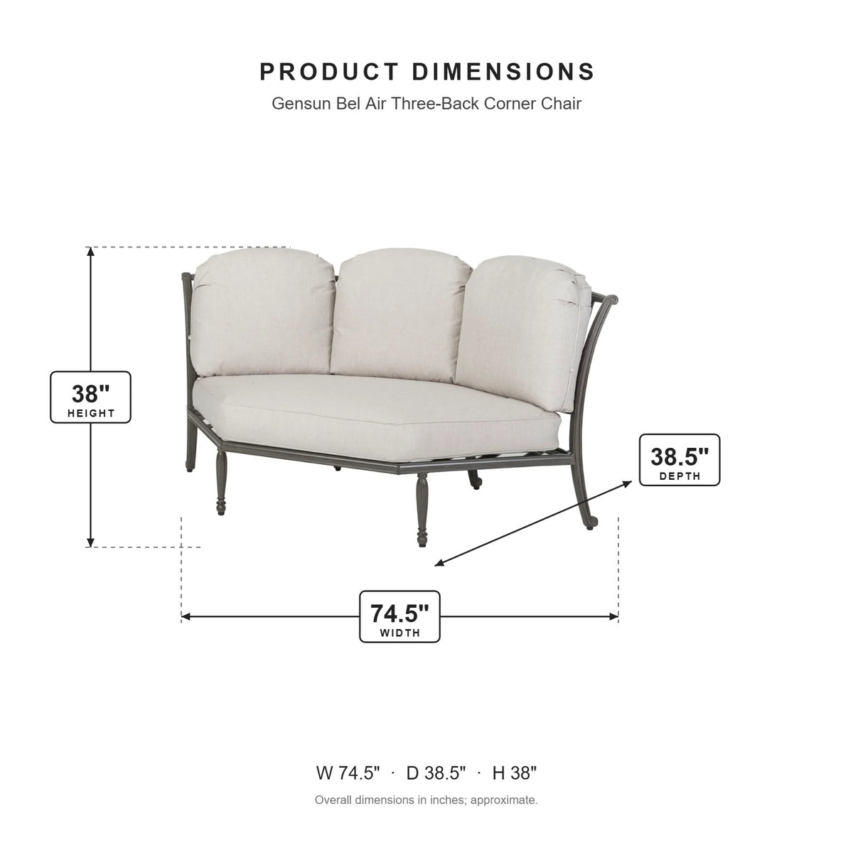 Gensun Bel Air Three-Back Corner Chair dimensions: 74.5 in W x 38.5 in D x 38 in H