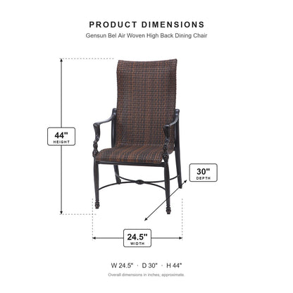 Gensun Bel Air Woven High Back Dining Chair dimensions: 24.5 in W x 30 in D x 44 in H