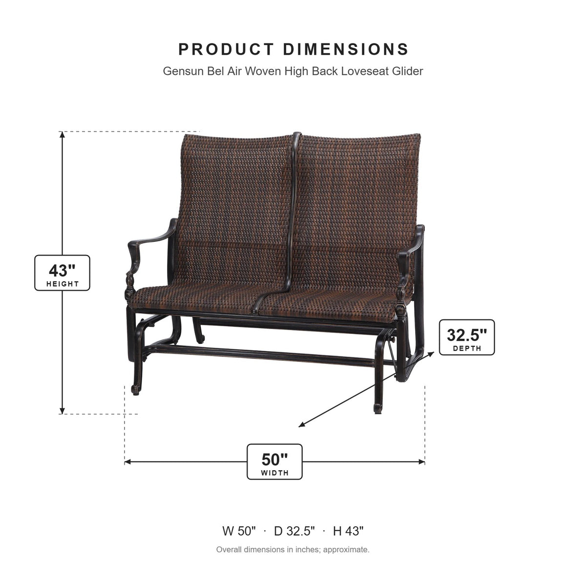 Gensun Bel Air Woven High Back Loveseat Glider dimensions: 50 in W x 32.5 in D x 43 in H