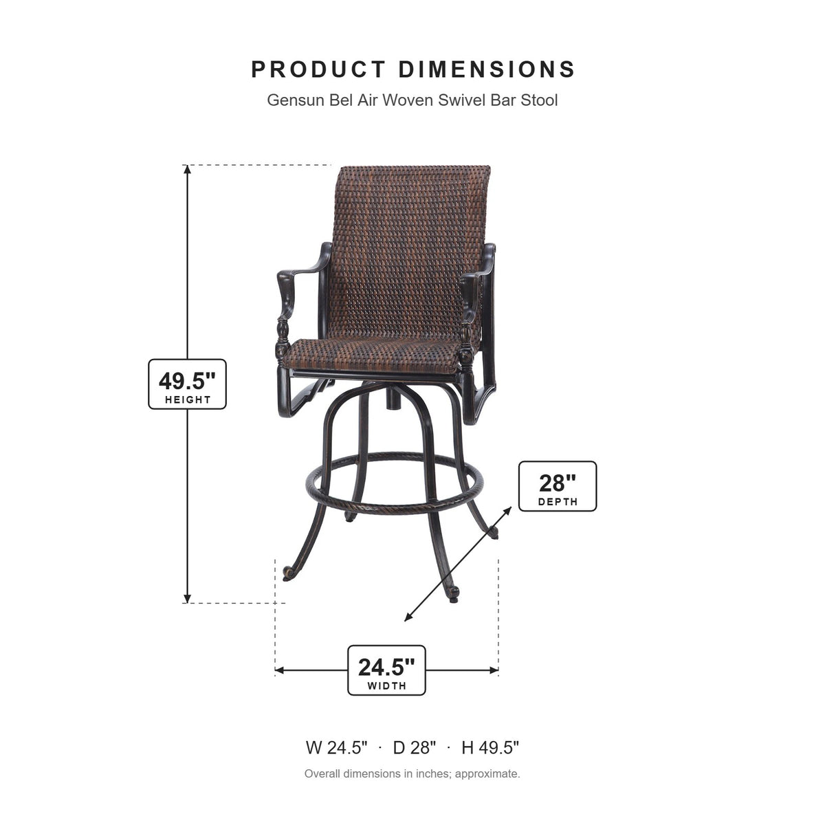 Gensun Bel Air Woven Swivel Bar Stool dimensions: 24.5 in W x 28 in D x 49.5 in H