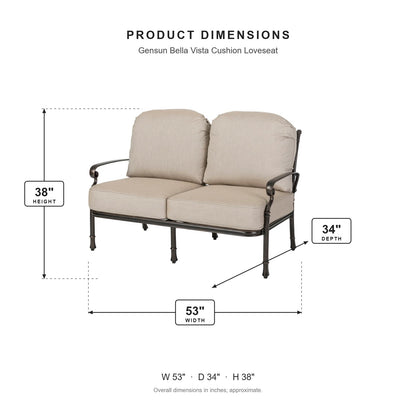 Gensun Bella Vista Cushion Loveseat dimensions: 53 in W x 34 in D x 38 in H