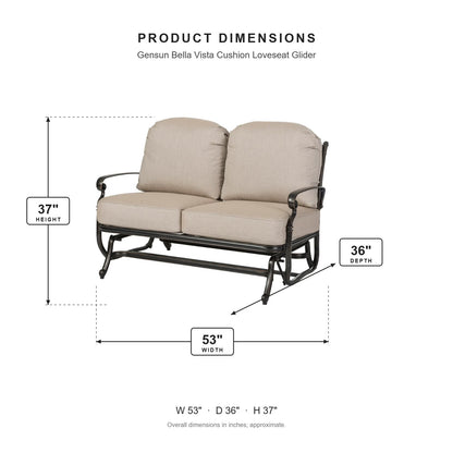 Gensun Bella Vista Cushion Loveseat Glider dimensions: 53 in W x 36 in D x 37 in H