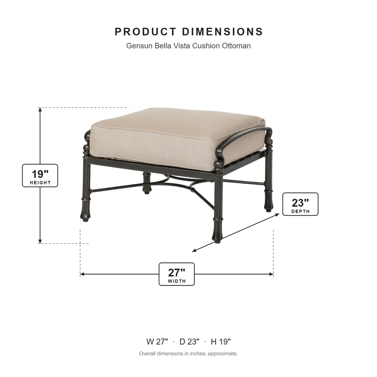 Gensun Bella Vista Cushion Ottoman dimensions: 27 in W x 23 in D x 19 in H