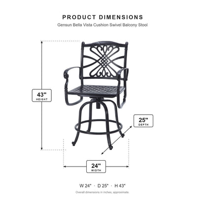 Gensun Bella Vista Cushion Swivel Balcony Stool dimensions: 24 in W x 25 in D x 43 in H
