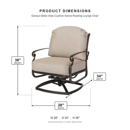 Gensun Bella Vista Cushion Swivel Rocking Lounge Chair dimensions: 28 in W x 34 in D x 38 in H