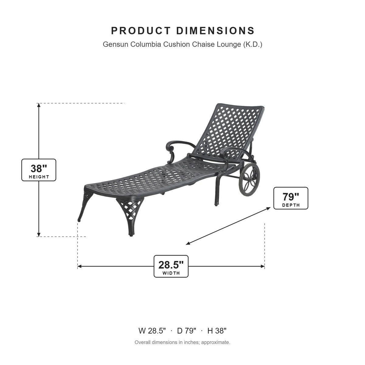 Gensun Columbia Cushion Chaise Lounge (K.D.) dimensions: 28.5 in W x 79 in D x 38 in H