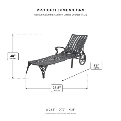 Gensun Columbia Cushion Chaise Lounge (K.D.) dimensions: 28.5 in W x 79 in D x 38 in H