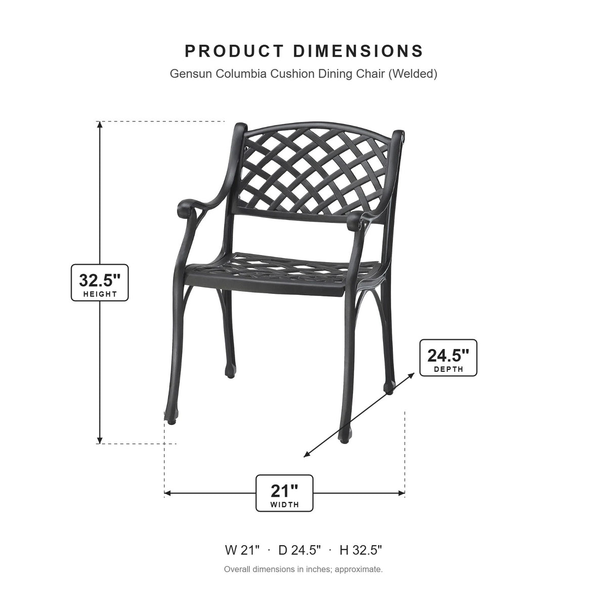 Gensun Columbia Cushion Dining Chair (Welded) dimensions: 21 in W x 24.5 in D x 32.5 in H