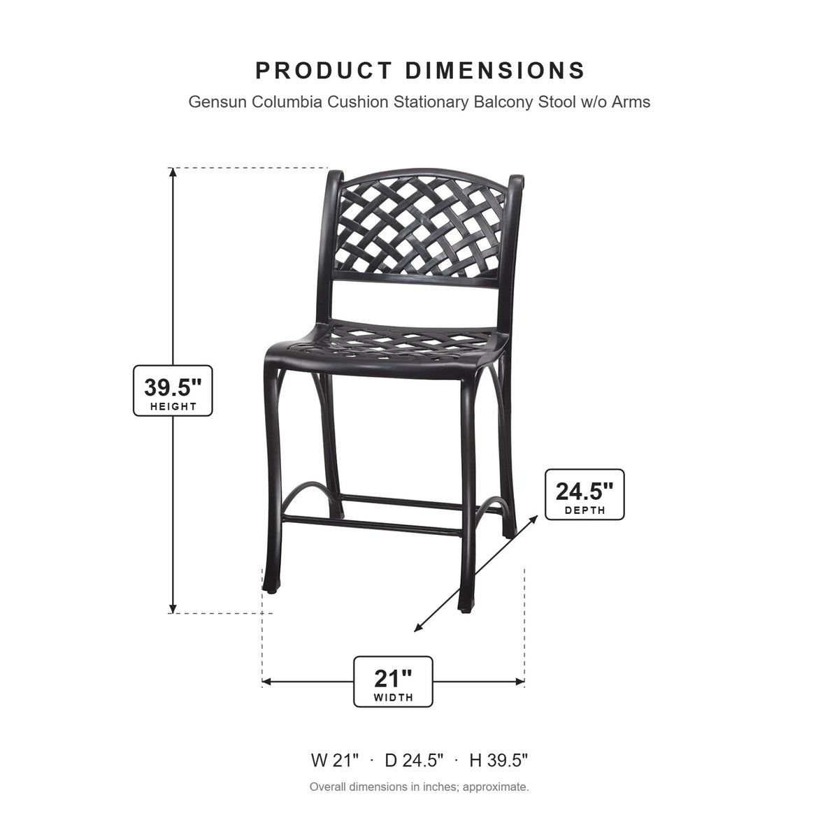 Gensun Columbia Cushion Stationary Balcony Stool w/o Arms dimensions: 21 in W x 24.5 in D x 39.5 in H
