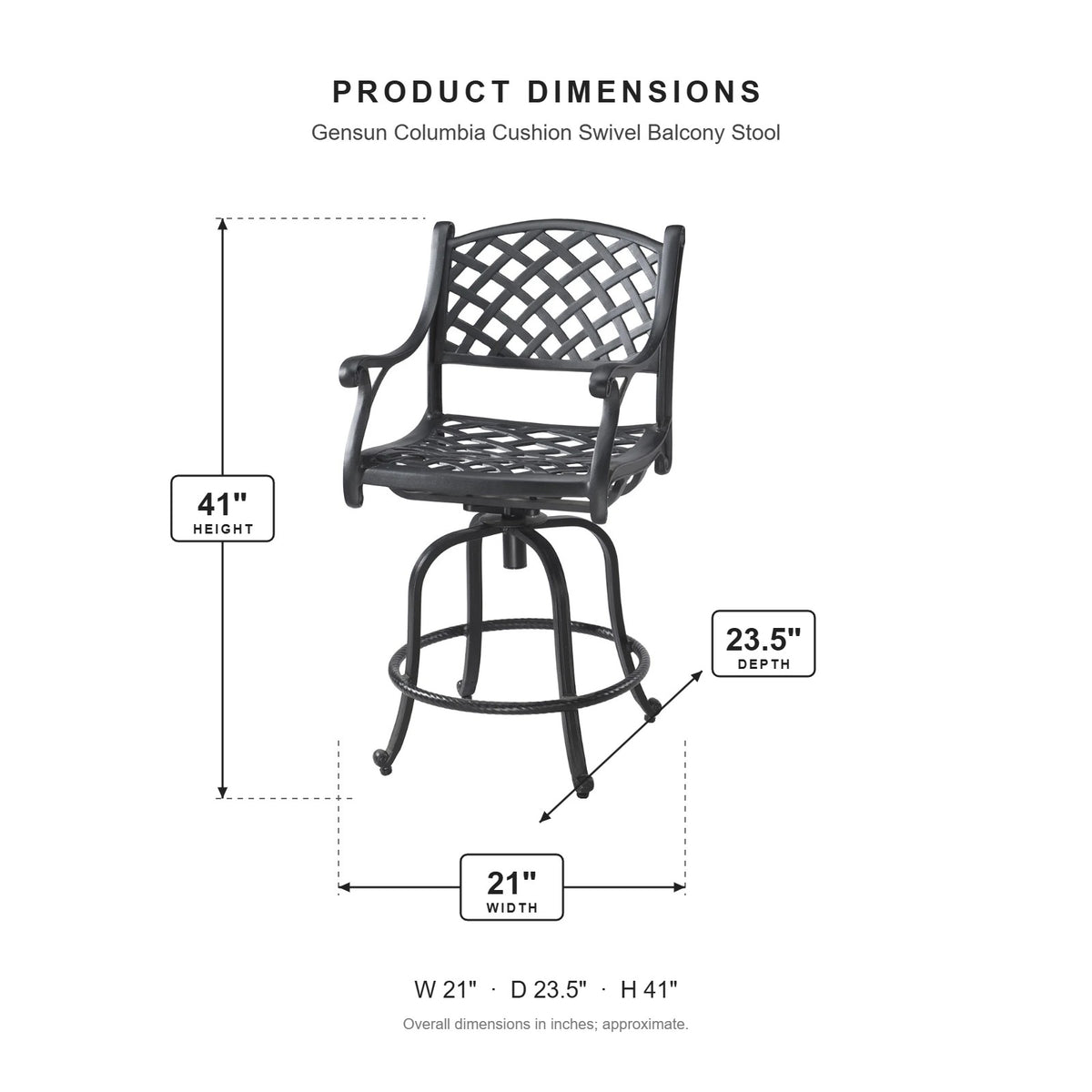 Gensun Columbia Cushion Swivel Balcony Stool dimensions: 21 in W x 23.5 in D x 41 in H