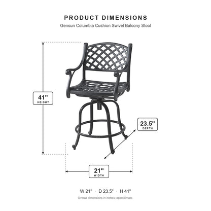 Gensun Columbia Cushion Swivel Balcony Stool dimensions: 21 in W x 23.5 in D x 41 in H