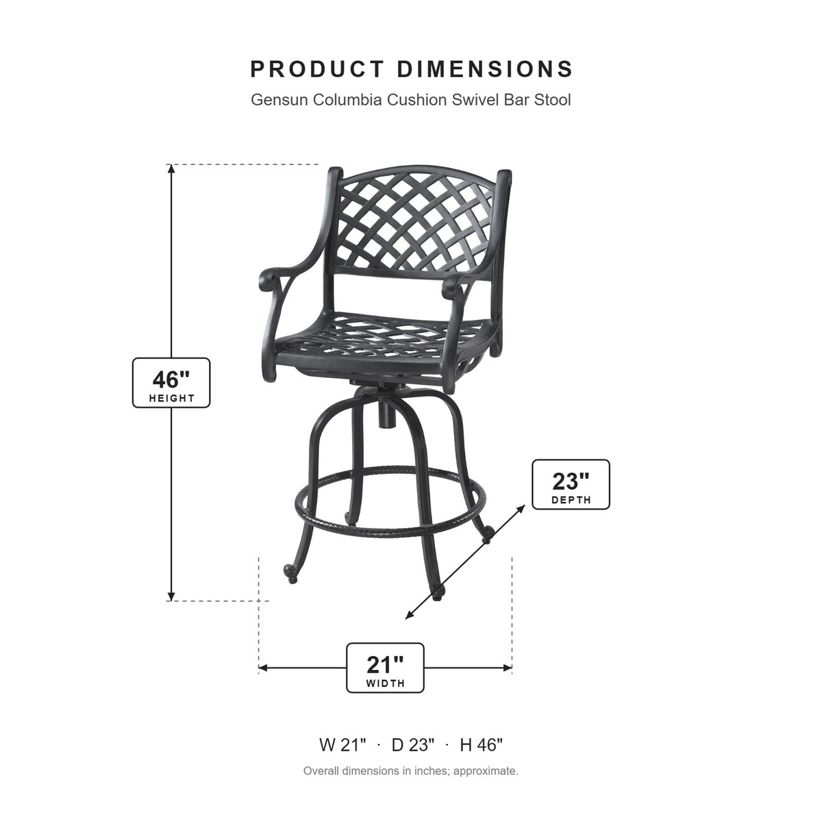 Gensun Columbia Cushion Swivel Bar Stool dimensions: 21 in W x 23 in D x 46 in H