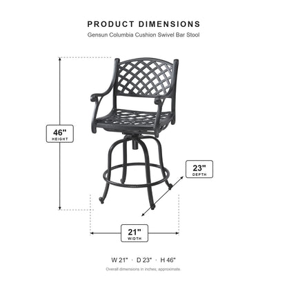 Gensun Columbia Cushion Swivel Bar Stool dimensions: 21 in W x 23 in D x 46 in H