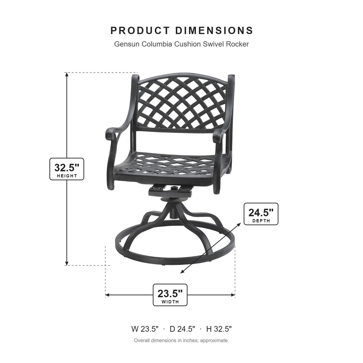Gensun Columbia Cushion Swivel Rocker dimensions: 23.5 in W x 24.5 in D x 32.5 in H