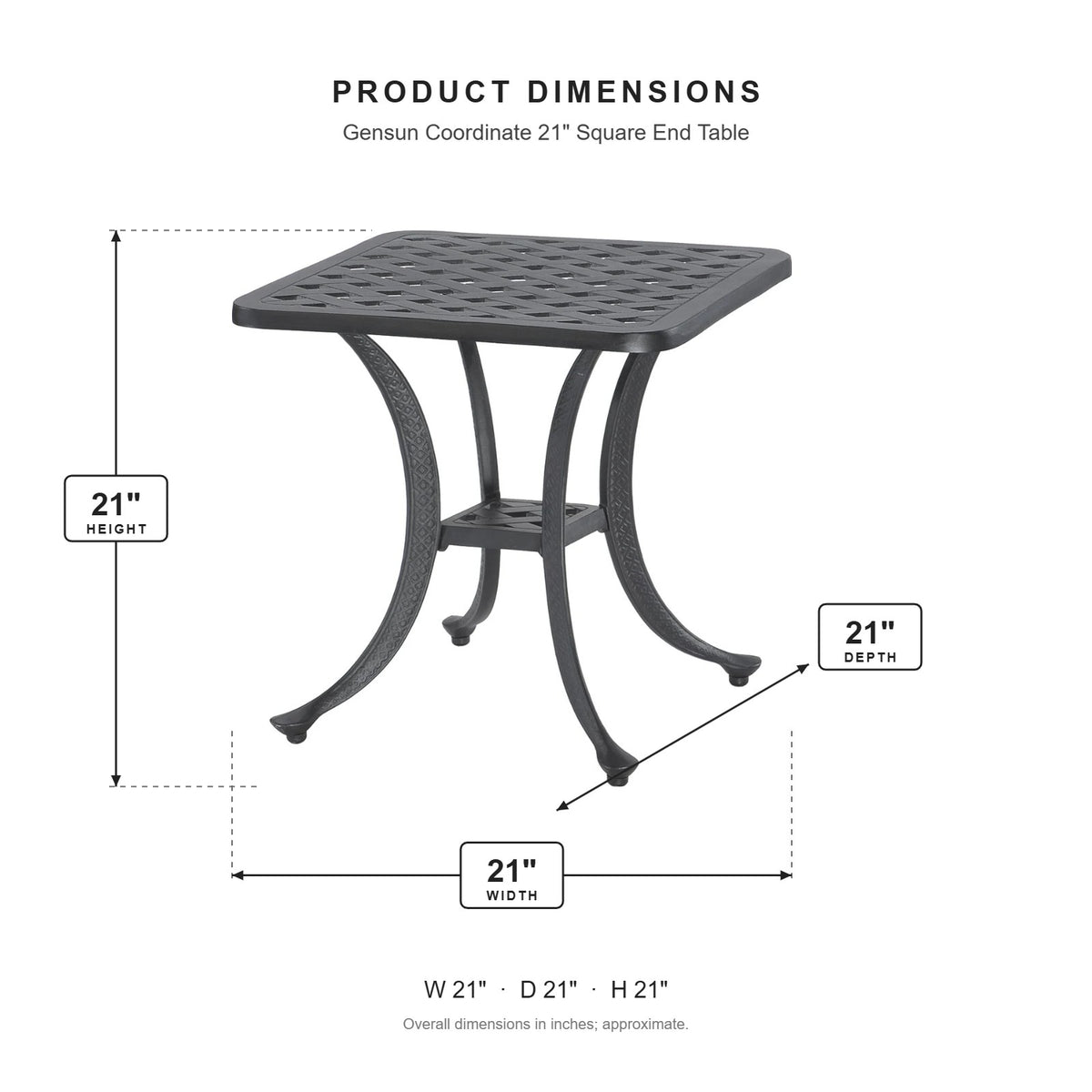Gensun Coordinate 21" Square End Table dimensions: 21 in W x 21 in D x 21 in H