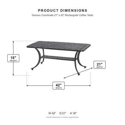 Gensun Coordinate 21" x 42" Rectangular Coffee Table dimensions: 42 in W x 21 in D x 18 in H