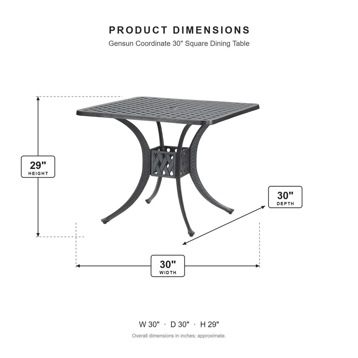Gensun Coordinate 30" Square Dining Table dimensions: 30 in W x 30 in D x 29 in H