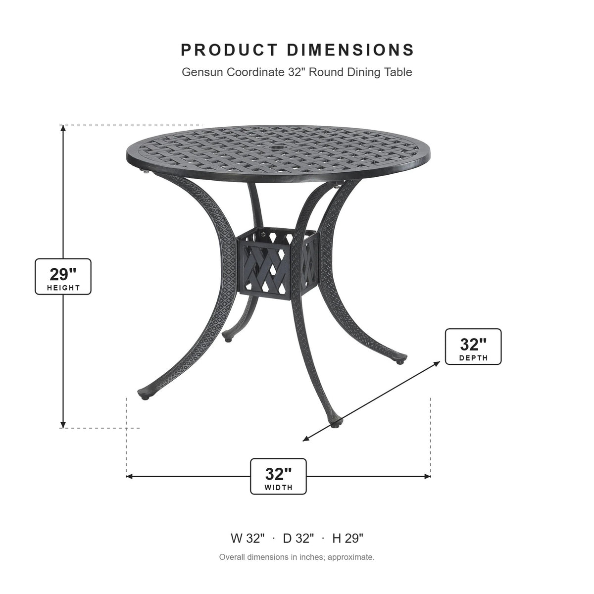 Gensun Coordinate 32" Round Dining Table dimensions: 32 in W x 32 in D x 29 in H