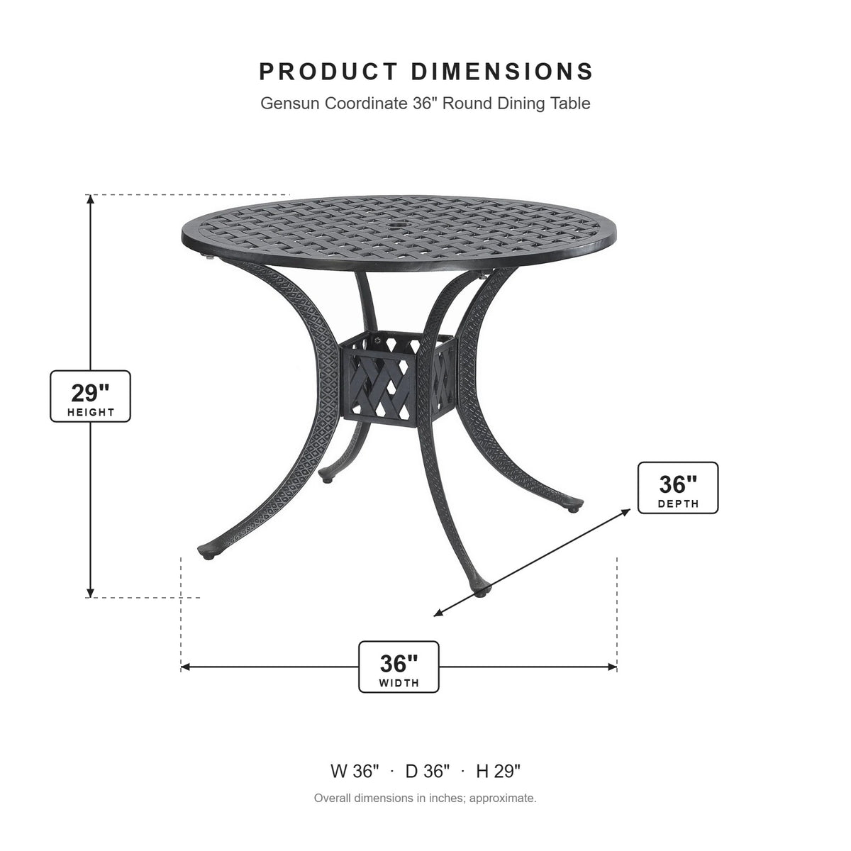 Gensun Coordinate 36" Round Dining Table dimensions: 36 in W x 36 in D x 29 in H